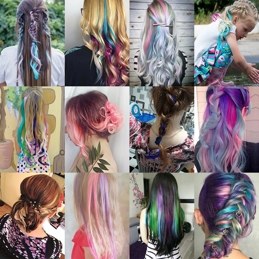 Tổng Hợp Kẹp Trong Một Miếng Raiinbow Tóc Duỗi Thẳng Tóc Tổng Hợp Cái 18 "Dài Ombre Tóc Hồng Tím Đỏ xanh Dương