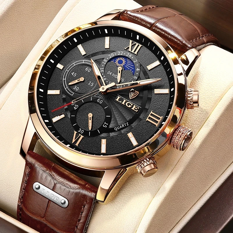Mới 2023 Nam Đồng Hồ LIGE Cao Cấp Hàng Đầu Da Thật Nam Thạch Anh Đồng Hồ Thể Thao Nam Chống Thấm Nước Đồng Hồ Dây Đồng Hồ Relogio Masculino + Tặng Kèm Hộp