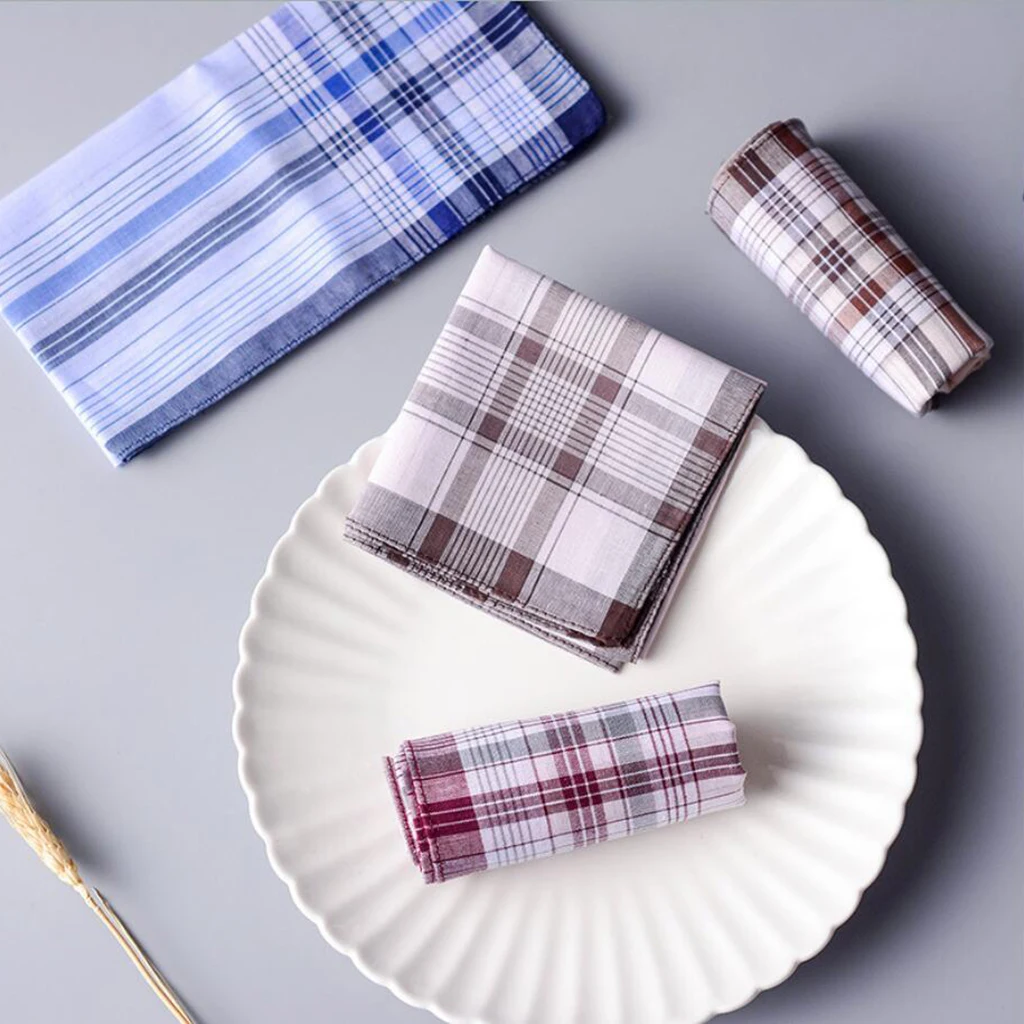 10 pçs masculino xadrez lenços de algodão com listra hankies presente conjunto feminino clássico lenço bolso hanky bolso quadrados
