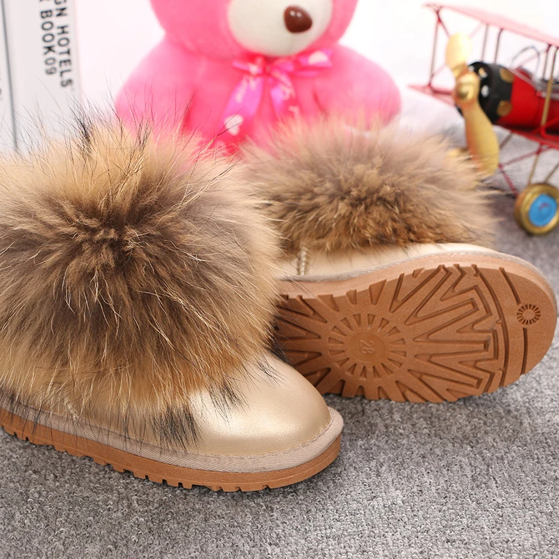 Crianças de couro genuíno sapatos personalizados botas de neve natural grande pele de raposa inverno frio meninos meninas botas quentes do bebê