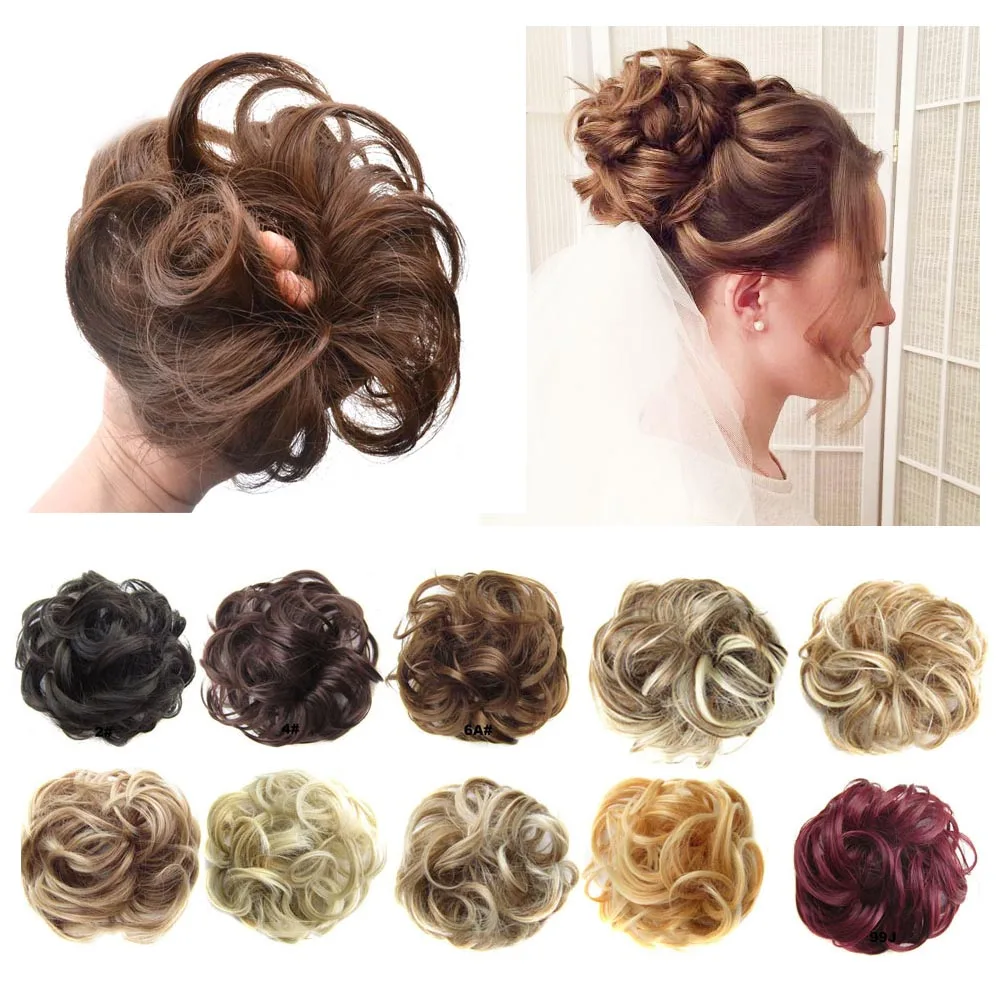 Moño de pelo desordenado elástico Flexible sintético para mujer, postizo de moño rizado negro, marrón y Rubio