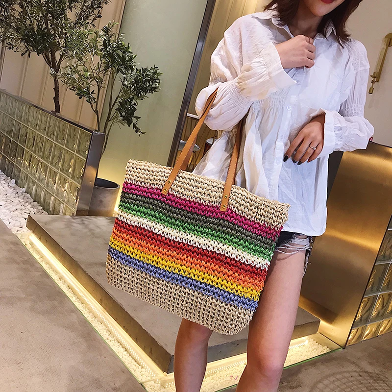 Mulheres arco-íris cor bolsa de praia rattan tecido artesanal malha palha grande capacidade tote couro bolsa de ombro feminina bohemia