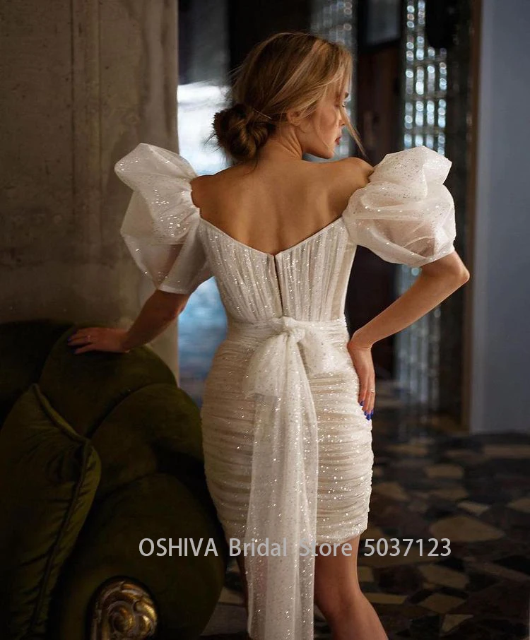 Abiti da sposa in due pezzi con linea A glitterata con gonna staccabile con spalle scoperte maniche corte a sbuffo abiti da festa da sposa principessa