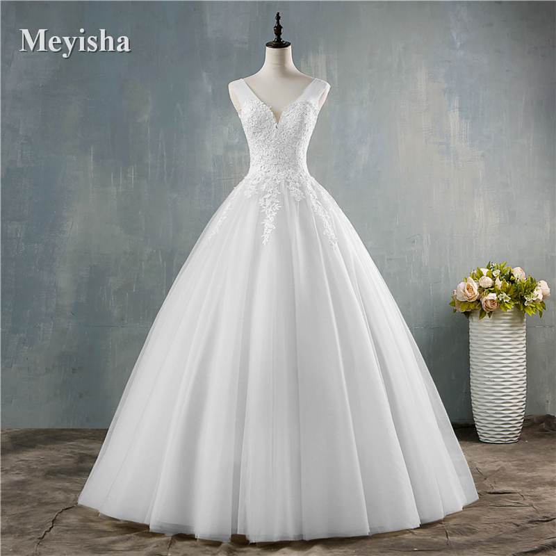 Zj9146 personalizado novo branco rosa champanhe profundo decote em v elegante vestido de baile vestidos de casamento para noivas vestido de renda plus size 2-26w