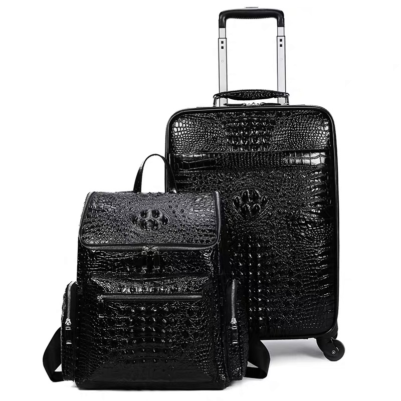 100% bagagem de viagem de couro real com bolsa masculina cabeça de couro roda universal padrão de crocodilo mala de embarque de 20 polegadas
