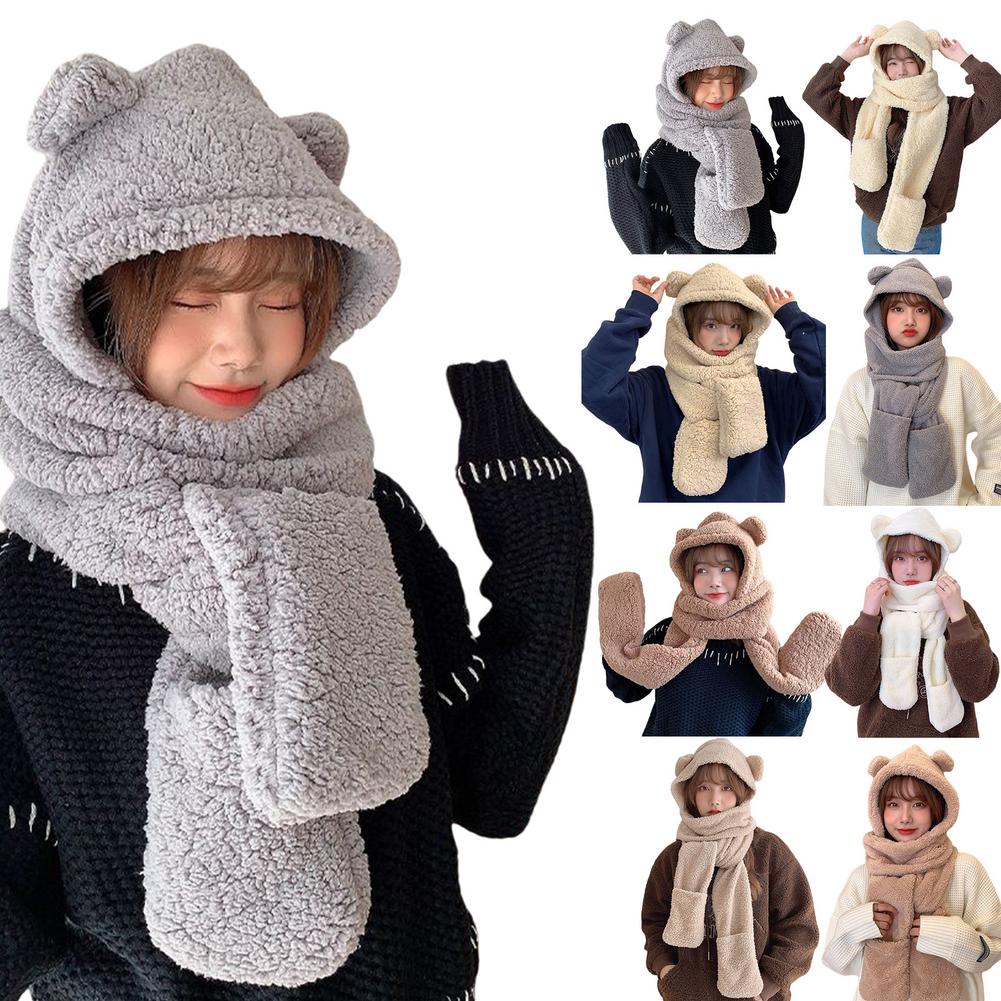 3 In 1 Frauen Fluffy Plüsch Warme Katze Ohren Mit Kapuze Schal Earflap Hut Handschuhe Fäustlinge Cartoon Tier Hauben
