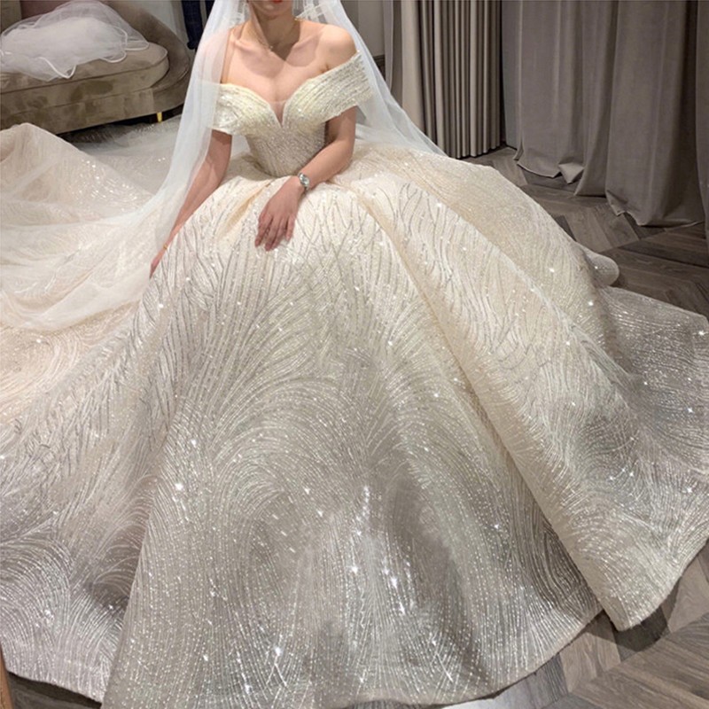 Abito da sposa con paillettes di lusso abito da sposa classico con scollo a barca al largo della spalla Vestido De Noiva Robe De Mariee personalizza