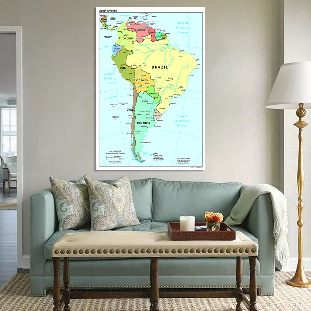 100*150Cm Bản Đồ Chính Trị Của Nam Mỹ Lớn Tường Poster Xịt Tranh In Canvas Sơn Phòng Khách Trang Trí Nhà Trường nguồn Cung Cấp
