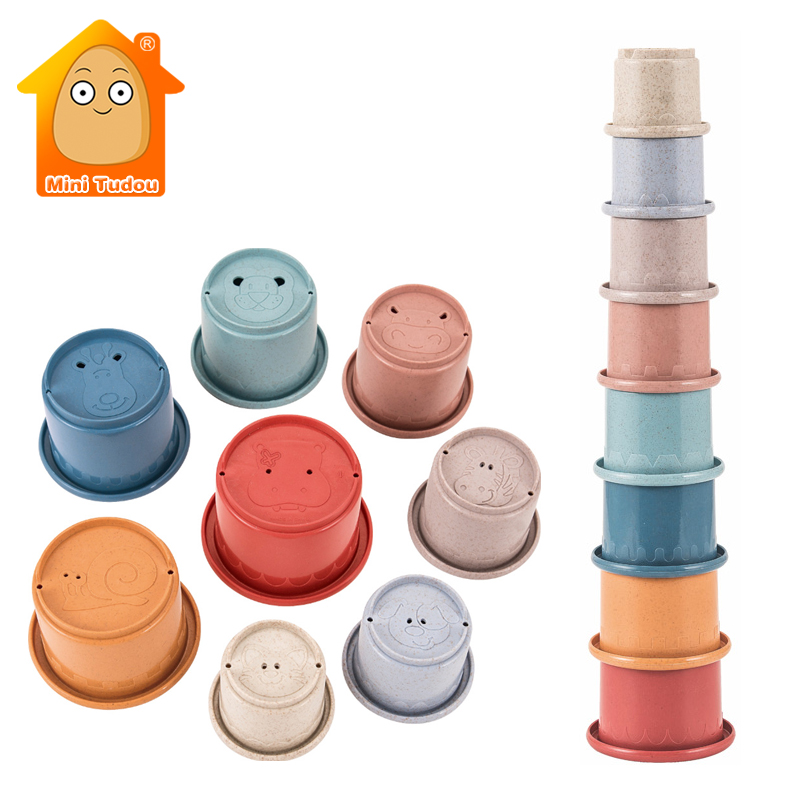 Giocattoli per bambini tazza impilabile paglia di grano clessidra ambientale pieghevole torre bagno gioco acqua Set primi giocattoli educativi per neonati