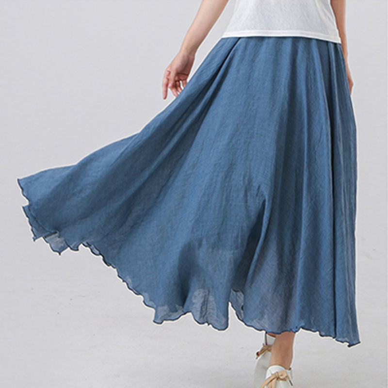 Hoge kwaliteit katoen linnen maxi rok dames casual elastische hoge taille geplooide a-lijn strandrokken boho saia feminina faldas jupe