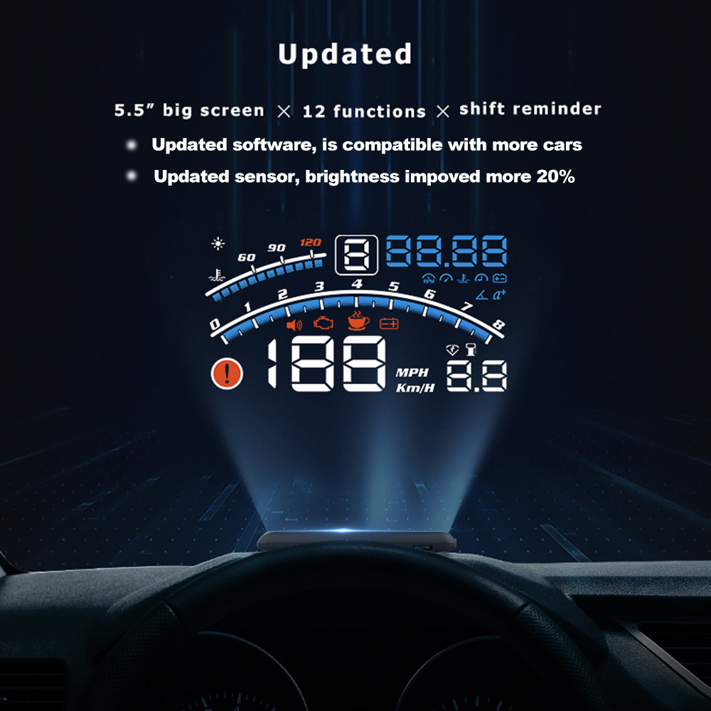 Vjoycar V41 Mới Nhất Đầu Lên Màn Hình Ô Tô OBDII EUOBD 5.5 "Kính Chắn Gió Máy Chiếu HUD Hiển Thị Dịch Chuyển Nhắc Nhở Nhiệt Độ Nước. Vòng/phút KM/H Dặm/Giờ