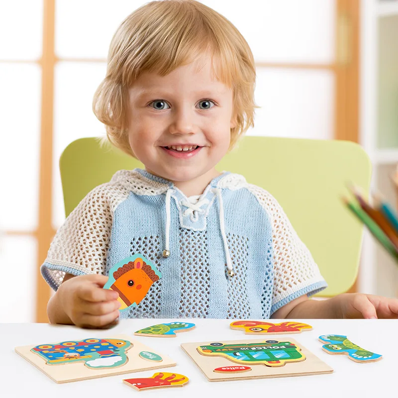 Montessori ของเล่นเด็ก 3D ปริศนาไม้การ์ตูนสัตว์ Traffic Intelligence ปริศนาจิ๊กซอว์การเรียนรู้ของเล่นเพื่อการศึกษาสําหรับเด็ก