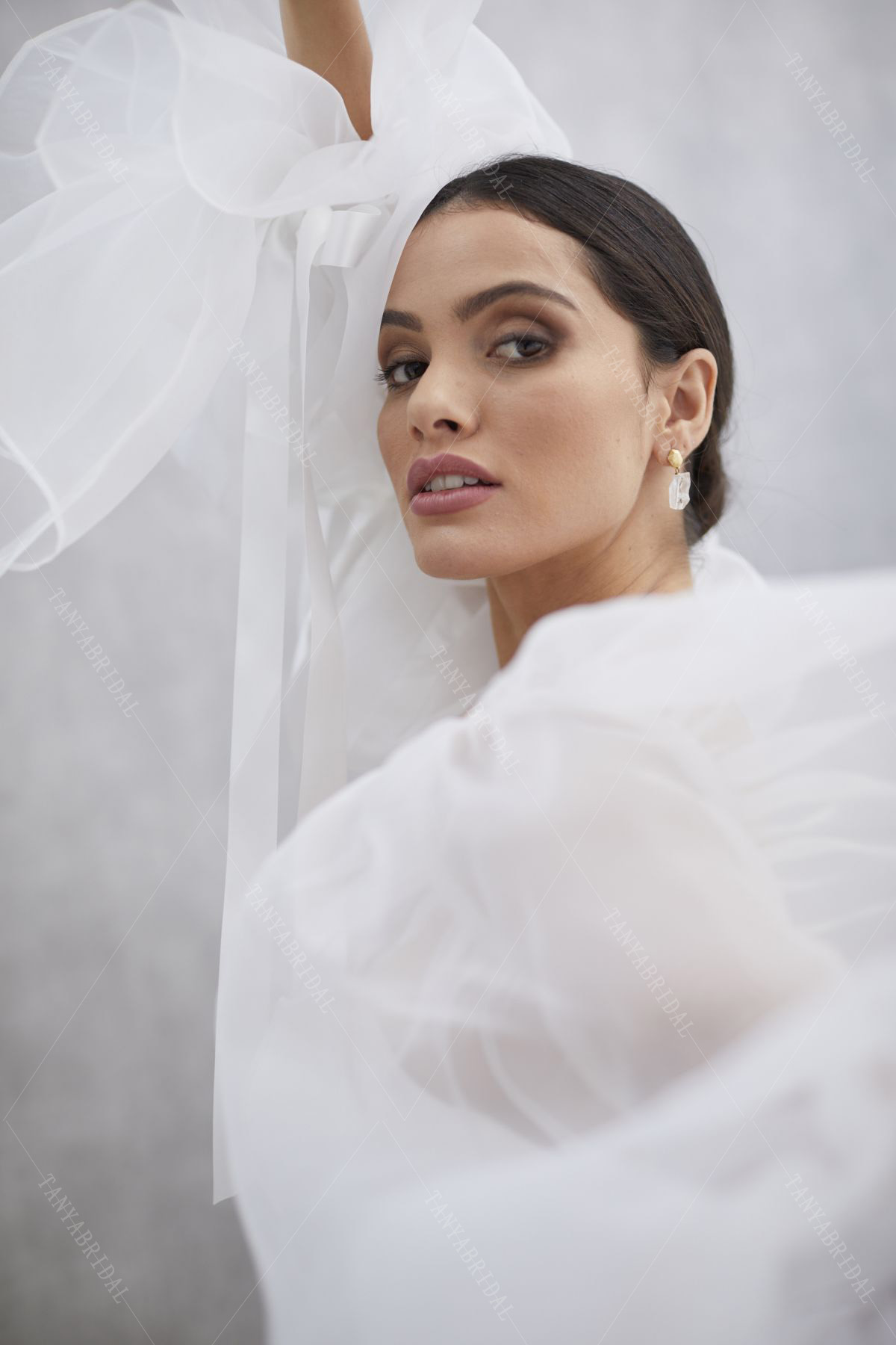 半透明オーガンザスリーブゴージャスなリボン夢のようなパフスリーブウェディングアクセサリーDG010