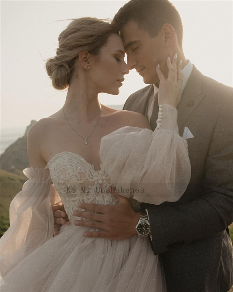 Schmutzig Rosa Boho Hochzeit Kleid 2021 Abnehmbare Puff Hülse Braut Kleider Glitter Sparky Spitze Hochzeit Kleider Strand Schatz