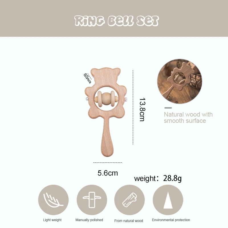 ของเล่นเด็กไม้ Rattles ชุด Beech Hand Teething การ์ตูนสัตว์หมีเด็กทารก Rattles ดนตรี Montessori ของเล่นเพื่อการศึกษาของขวัญ