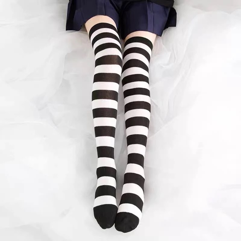 Medias a rayas de Lolita para mujer, medias largas hasta la rodilla para chicas de la escuela, Cosplay, calcetines de estudiante de Anime, color negro, rosa y azul