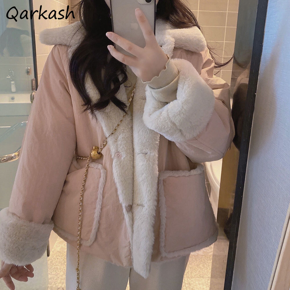 Parkas Frauen Doppel-seite Tragen Design Winter Patchwork Nette Maiden Einfache Outwear Gemütliche Drehen Unten Kragen Weibliche Harajuku Preppy