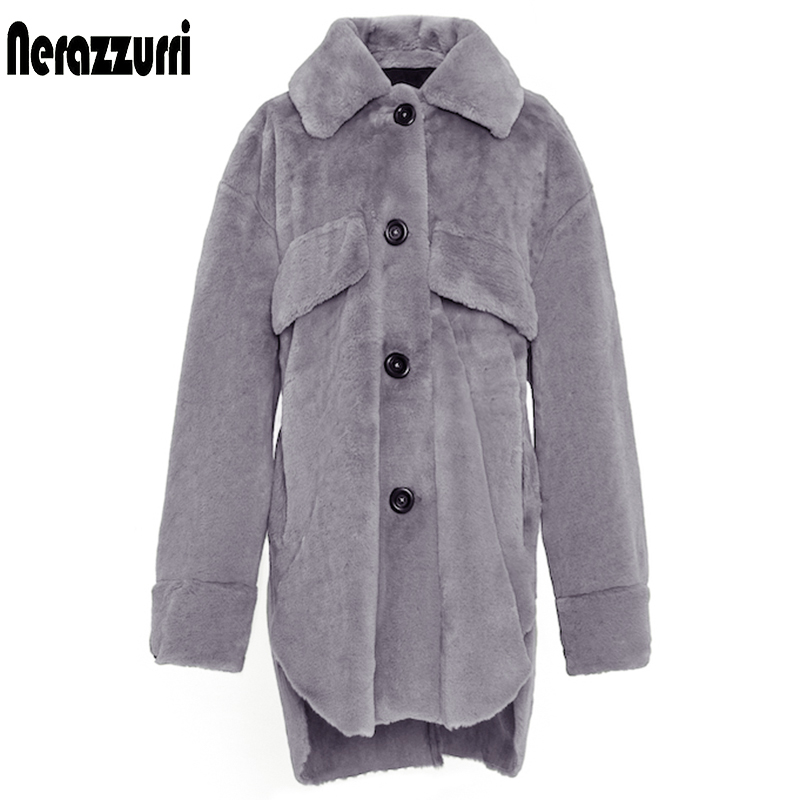 Nerazzurri ขนาดใหญ่ Warm Furry Faux ขนสัตว์สำหรับผู้หญิงแขนยาวปุ่มสีเทา Fluffy เสื้อฤดูหนาวเสื้อผ้าผู้หญิง2020