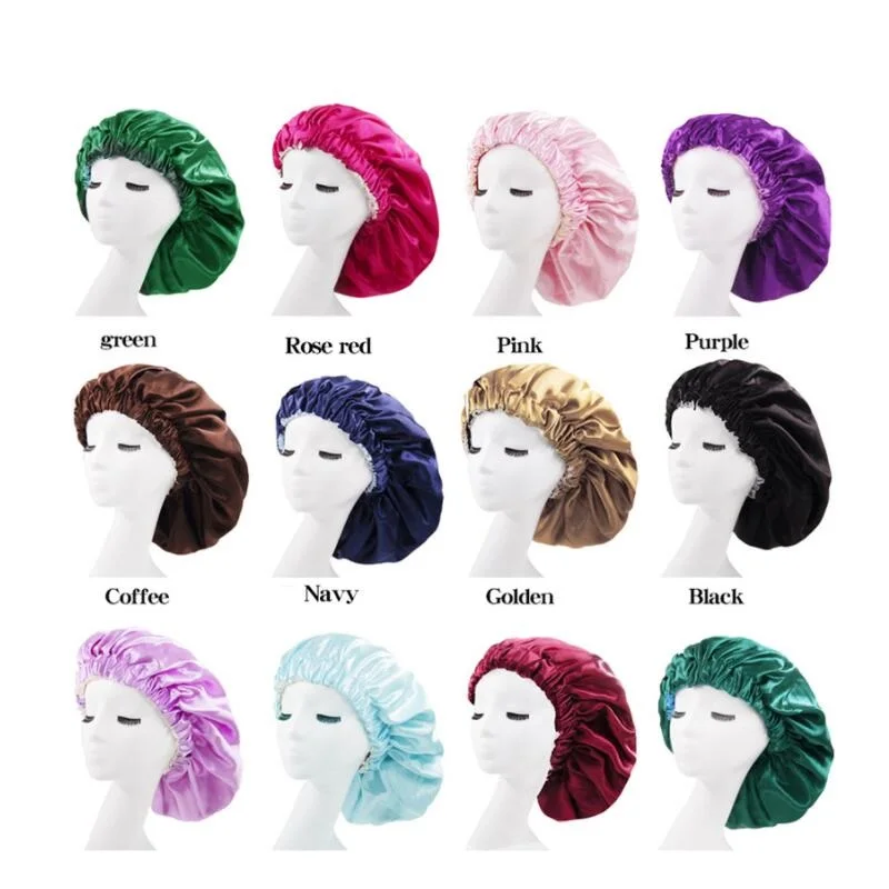 Gorro de satén sedoso Reversible de Color sólido, gorro de noche para dormir de doble capa, gorro para la cabeza, gorro para cabello rizado elástico, negro