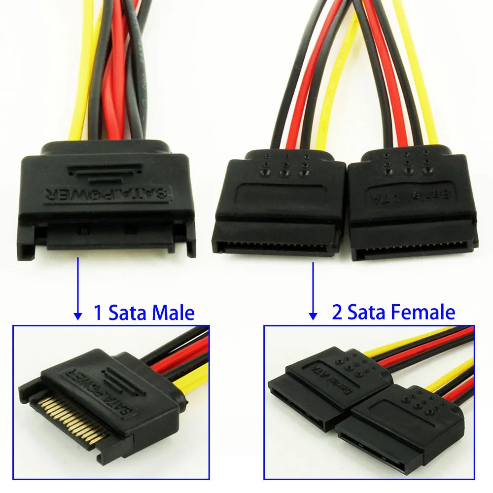 OULLX SATA 1 Stecker auf 2 Dual Buchse SATA Splitterkabel Hard HDD 15PIN 1 auf 2 Netzteilkabel für Computer Y-förmiges PC-Kabel