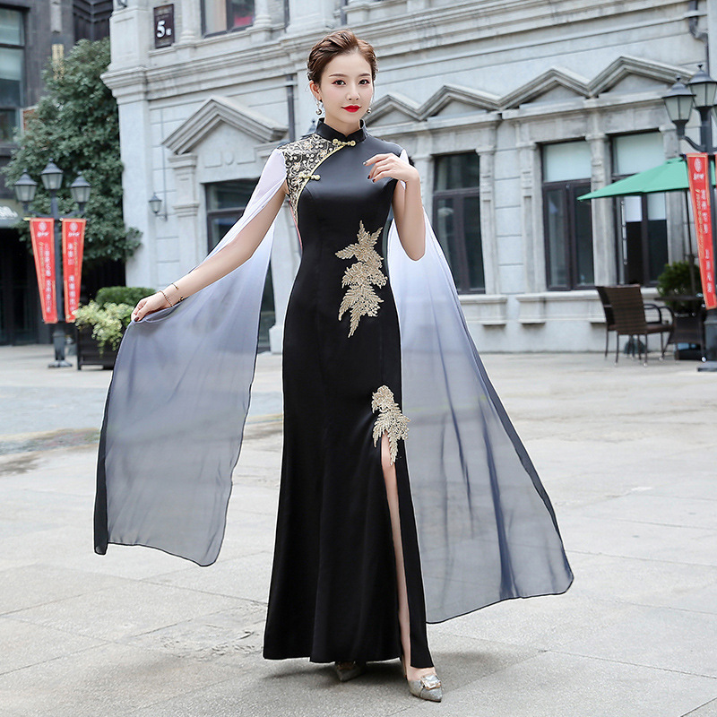 Gaun Panjang Belah Cina Qipao Kerah Mandarin Cheongsam Bunga Selendang Seksi Wanita Ukuran Besar 3X-7XL Satin Jamuan Vestidos