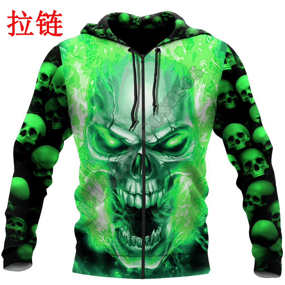 Hijau Tengkorak Pola Lucu 3D Dicetak Hoodie Pria Musim Gugur Harajuku Uniseks Kasual Pullover Streetwear Jaket Tracksuit DK233