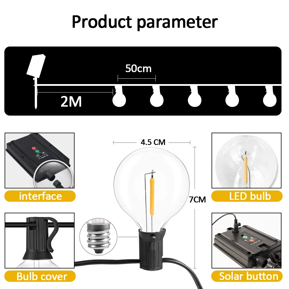 12M 30 LED G40 Luci a corda solari Luci da patio per esterni Luci a sospensione a globo impermeabili alimentate a energia solare e USB con infrangibile