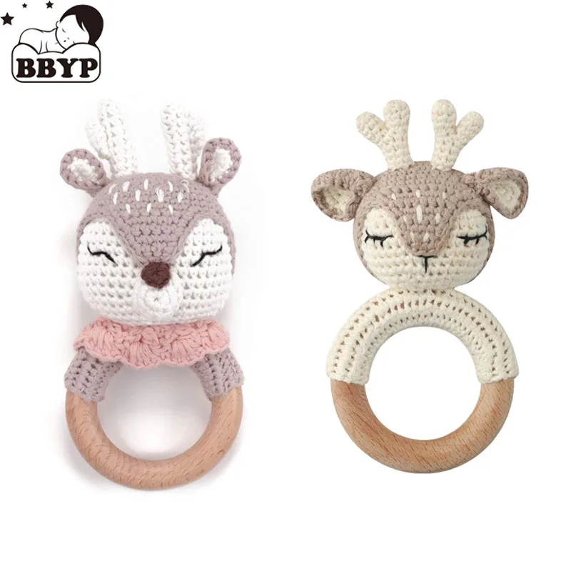 Handmade Baby Wooden Teether DIY Crochet Deer ELK Rattle Newborn Rodent Teething Ring Mobile Gym Educational Toys for Kids