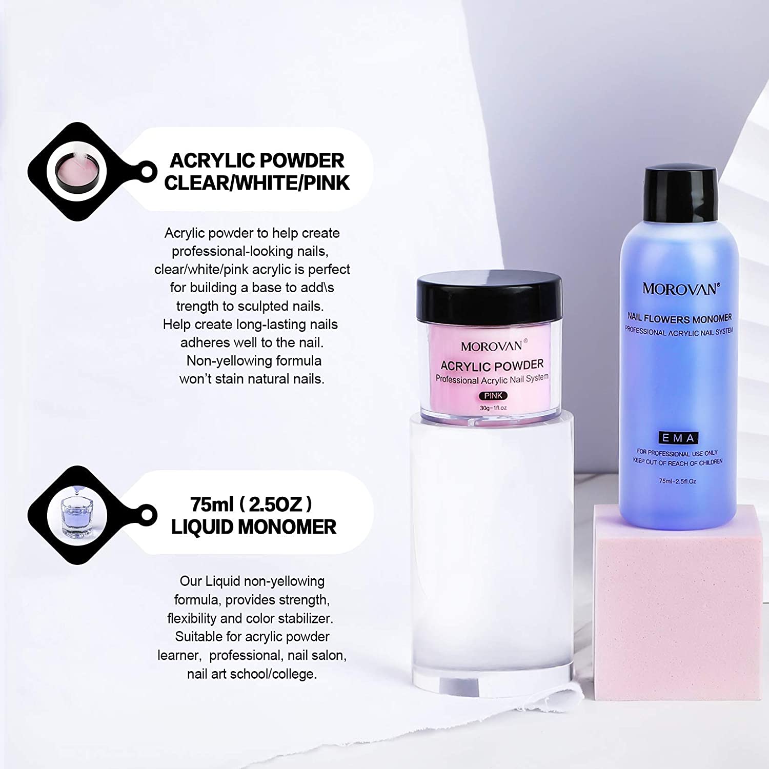 Monomer Cair Profesional dan Set Bubuk Akrilik untuk Perpanjangan Kuku Pengukir-dengan Merah Muda Putih Warna Bening Bubuk Kuku Akrilik
