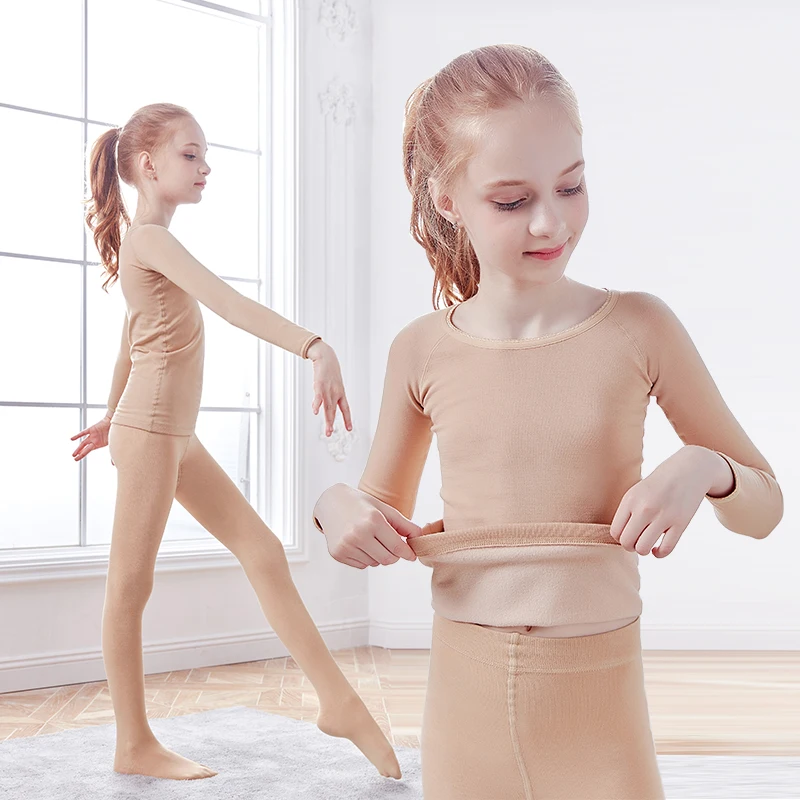 Dziewczęca bielizna termoaktywna Garnitury Nude Stretch Zestaw bielizny baletowej Rajstopy do tańca Trykot na zimę
