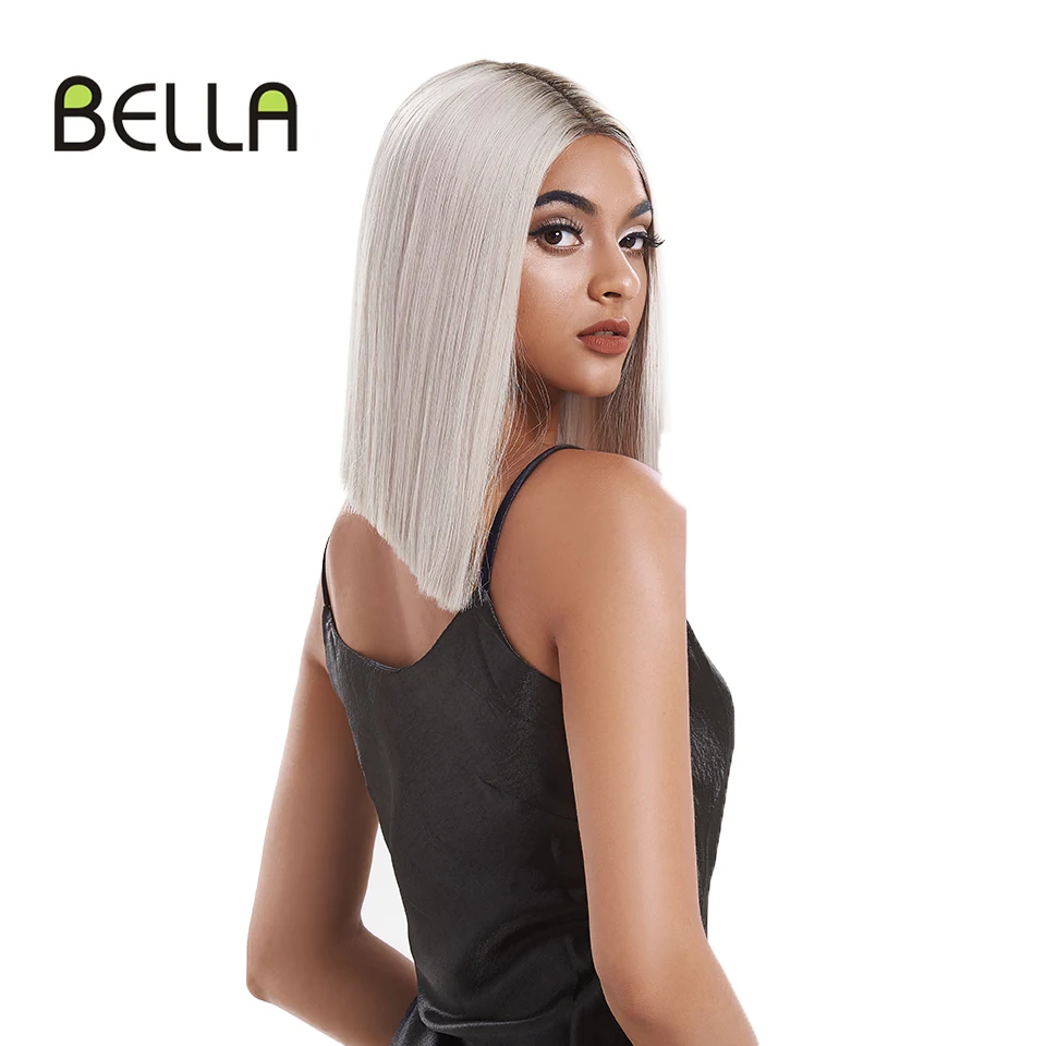 Bella วิกผมสังเคราะห์ลูกไม้ 14 นิ้วผมสั้น BOB วิกผมสีเทาสีขาวสีฟ้าสีดําไหล่วิกผมสําหรับผู้หญิงสีดําลูกไม้ Part คอสเพลย์วิกผม