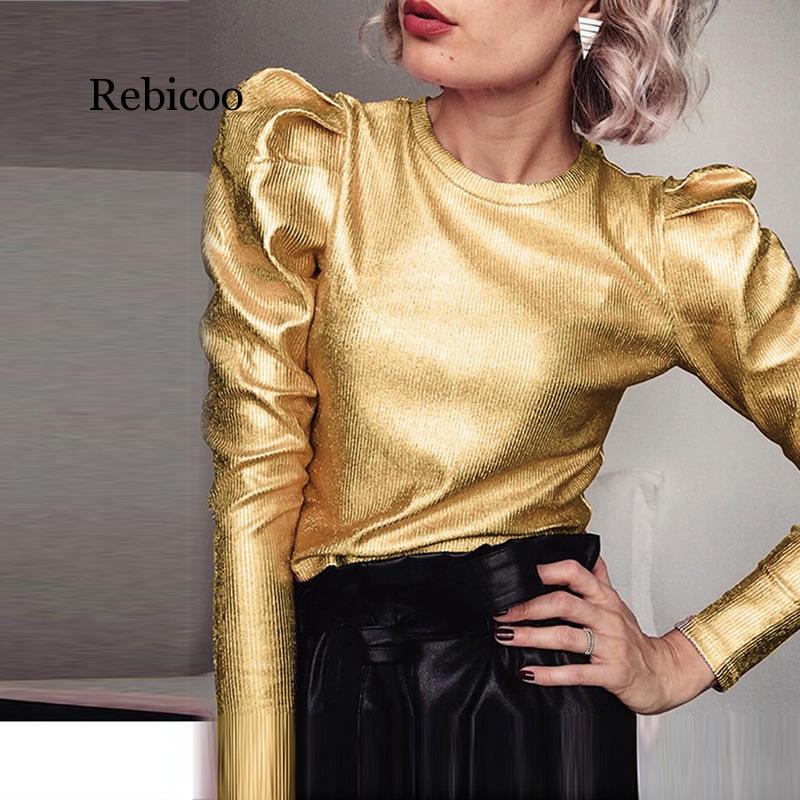 เงินพัฟแขนยาวเสื้อลำลองหญิงฤดูใบไม้ผลิ O คอ Slim เสื้อแฟชั่นผู้หญิงกำมะหยี่เสื้อ Streetwear