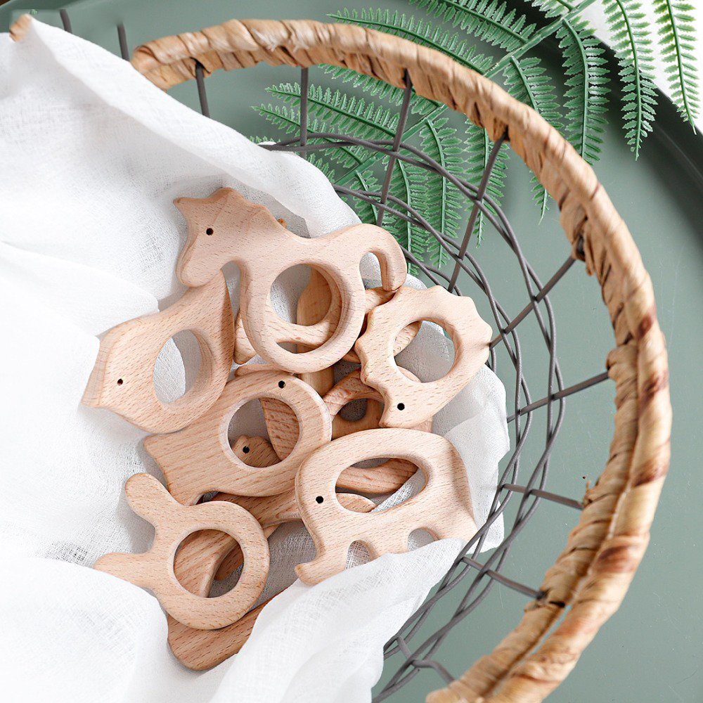 10pc Holz Beißring Tiere Buche Zahnen Greifen Holz Tier Spielzeug Nagetier Baby Beißring Anhänger DIY Schnuller Kette Kinder Waren