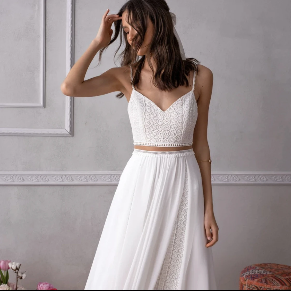 ที่กําหนดเองง่าย Boho ชุดแต่งงาน 2 ชิ้น A-Line สปาเก็ตตี้สายรัด Backless Elegant ชุดเจ้าสาว Vestidos 2025