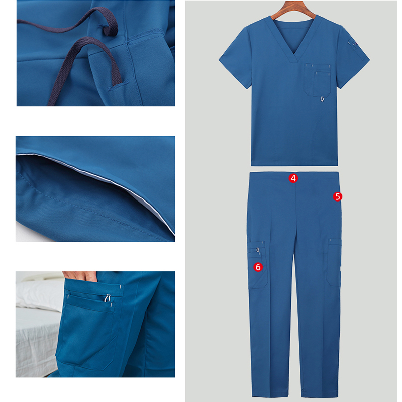 Scrub Uniform Krankenschwester Arbeitskleidung Scrubs Set Top Hose Pflegeuniformen Damen Herren V-Ausschnitt Arzt Arbeitsanzüge Einfarbig 9901-01