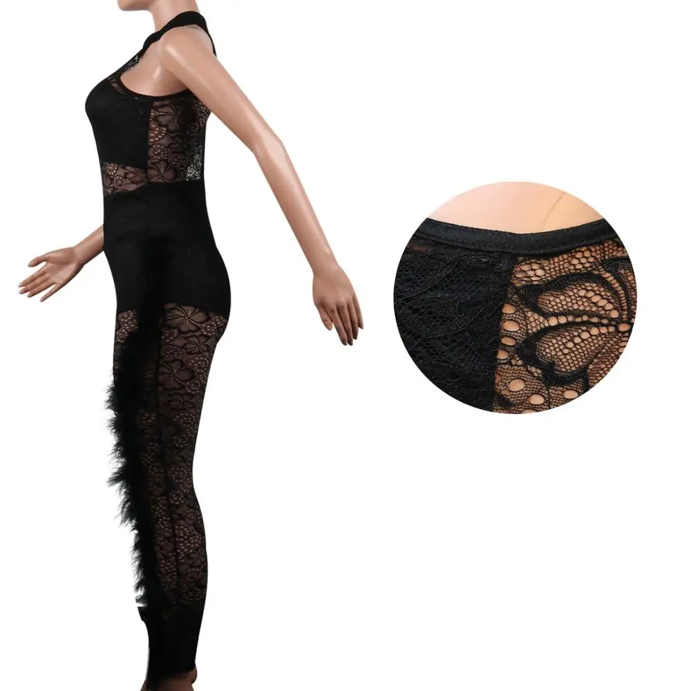 BKLD-monos de encaje de plumas para mujer, ropa de retales, Sexy, transparente, color negro, 2019