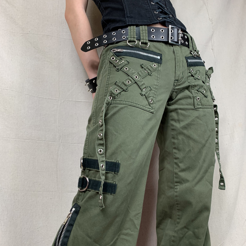 ผู้หญิงกางเกง Gothic Punk Baggy Vintage Kawaii กางเกงต่ําเอวกางเกง Grunge สีเขียวซิปกางเกงยีนส์เกาหลี Sweatpants