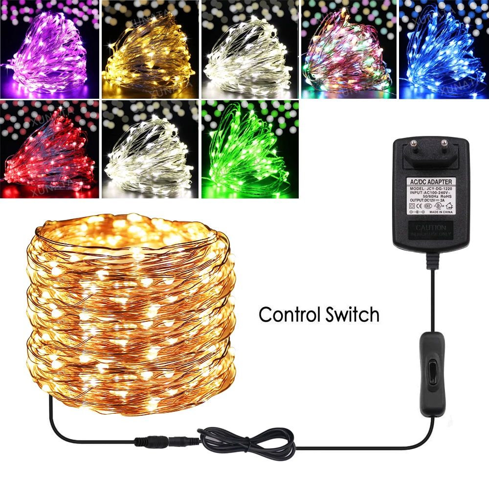 Luces de hadas Led de 12V, cadena de alambre de cobre, luces de Navidad de 10M, 20M, 30M, al aire libre para vacaciones guirnalda, decoración para árbol, fiesta de boda