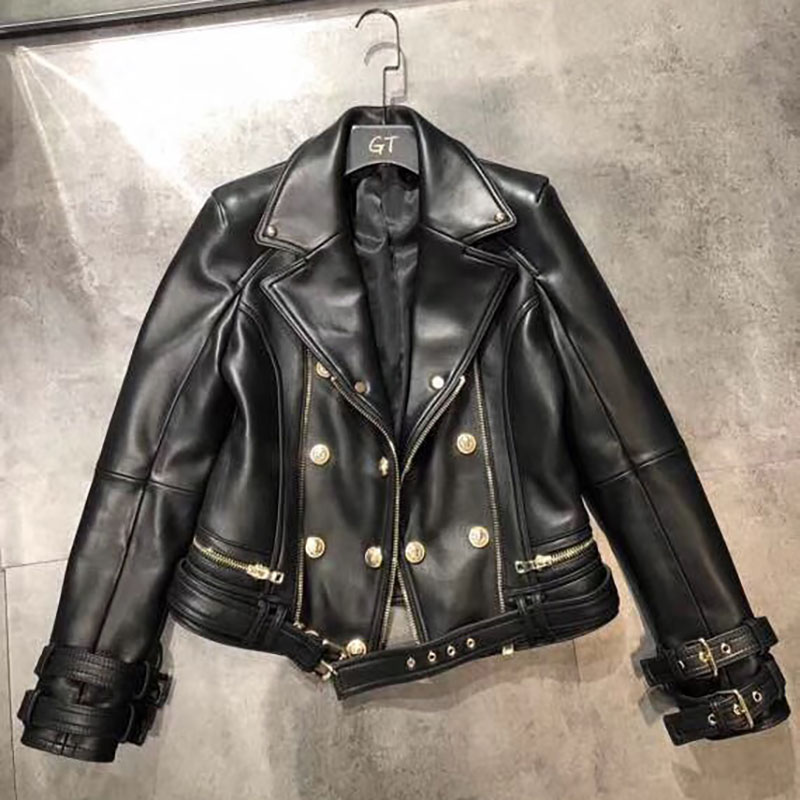 แฟชั่นซิปเย็บ Pu หนัง Jacket หญิงหัวรถจักรสไตล์คู่ Pu หนัง Outerwear แจ็คเก็ตหนัง F374