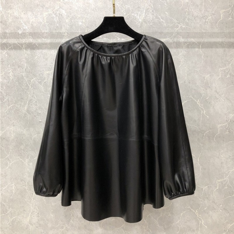 Mới Thời Trang Nữ Da Cừu Áo Thun Cổ Áo Dáng Rộng Thun Thắt Lưng Da Thật Chính Hãng Da Áo Khoác Nữ Tay Phồng Da Đầu