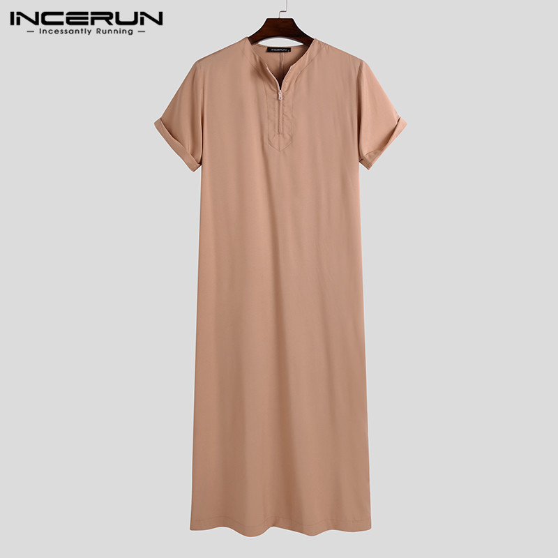 Incerun roupão masculino de cor sólida, roupão kaftan islâmico muçulmano, manga curta, pescoço em o, jubba thobe, casual, arábia saudita, roupas masculinas