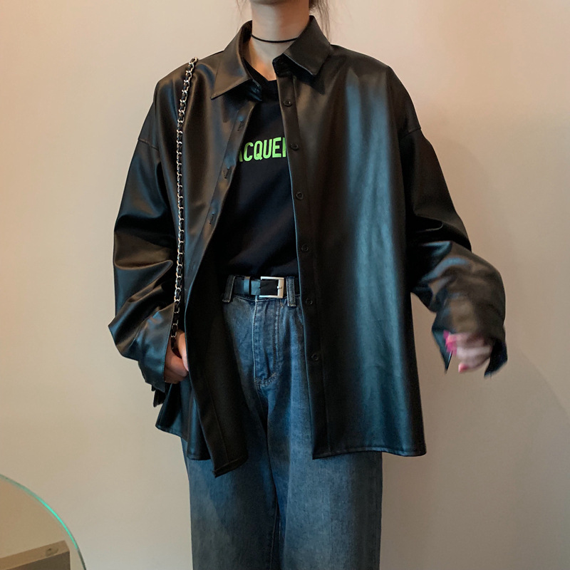 เสื้อโค้ทหนัง PU ใหม่สุดชิคแจ็กเก็ตมอเตอร์สำหรับผู้หญิงสีดำหนังสังเคราะห์ฤดูใบไม้ผลิฤดูใบไม้ร่วง