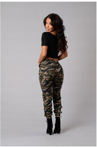 Nova venda quente cintura elástica conversível calças moda plus size camuflagem elegante magro exército verde calças jeans feminino