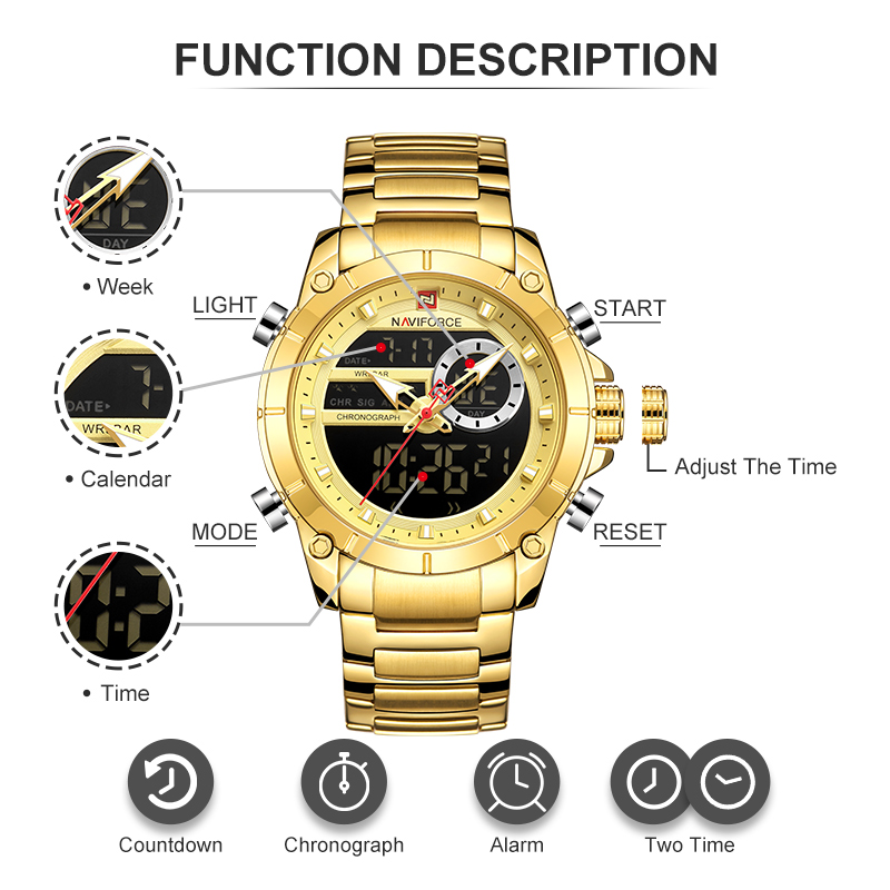 NAVIFORCE 9163 reloj de pulsera deportivo Original de lujo para hombres de cuarzo de acero resistente al agua con pantalla Dual relojes militares reloj Masculino