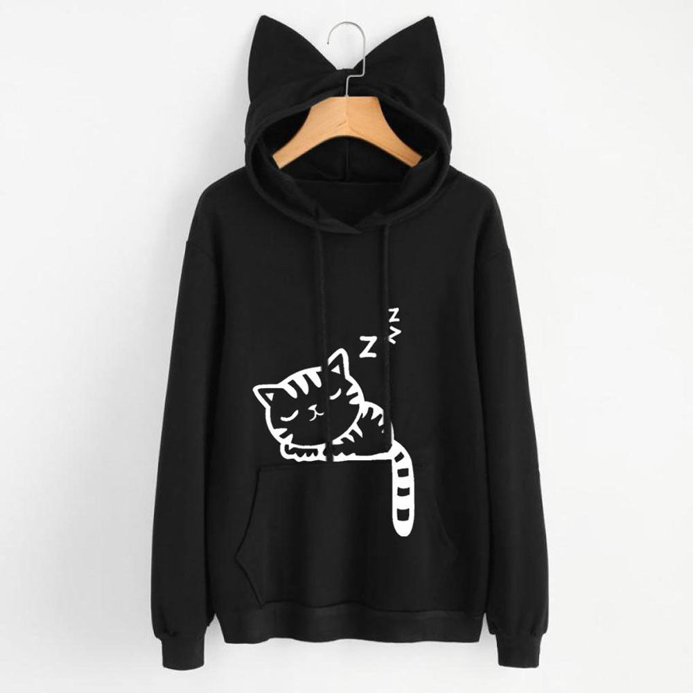 ใหม่ผู้หญิงHoodiesเสื้อกันหนาวKawaiiสีชมพูฤดูหนาวแมวรูปแบบแขนยาวHooded Sweatshirts Harajuku