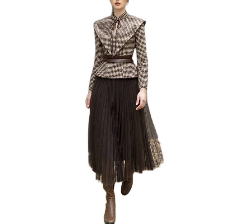 Tailor Shop Retro Slim และบางสีน้ำตาลเข้ม Houndstooth ฤดูหนาวหญิงหรูหราด้านบนและกระโปรง Semi-อย่างเป็นทางการ