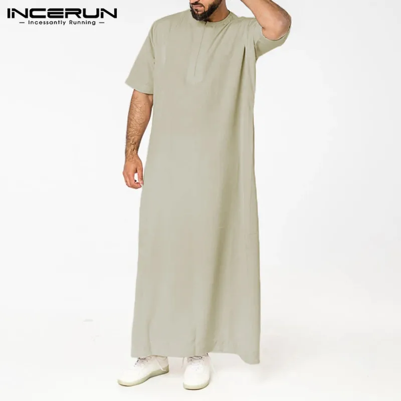 Incerun男性イスラム教徒のカフタン半袖固体oネックjubbaトーブアバヤ中東ドバイサウジアラビアイスラムメンズローブs-5XL