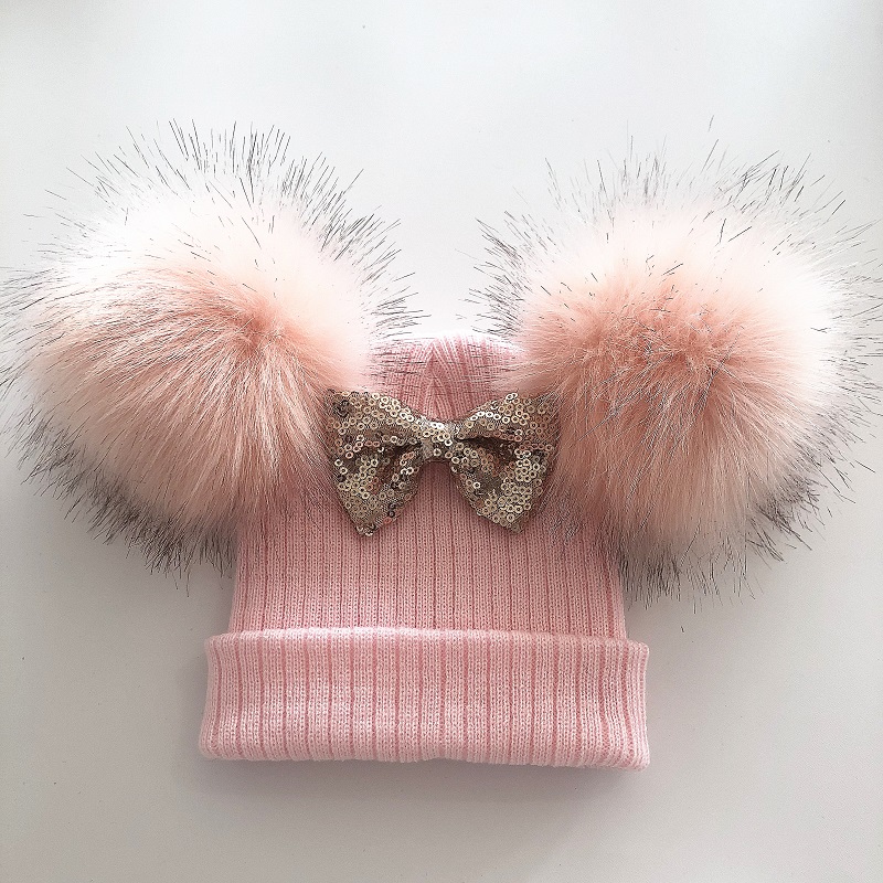 Trẻ Em Long Lanh Nơ Đôi Pompom Mũ Cho Bé Gái Mùa Đông Bộ Đội Khăn Trẻ Em Phụ Kiện Bonnet
