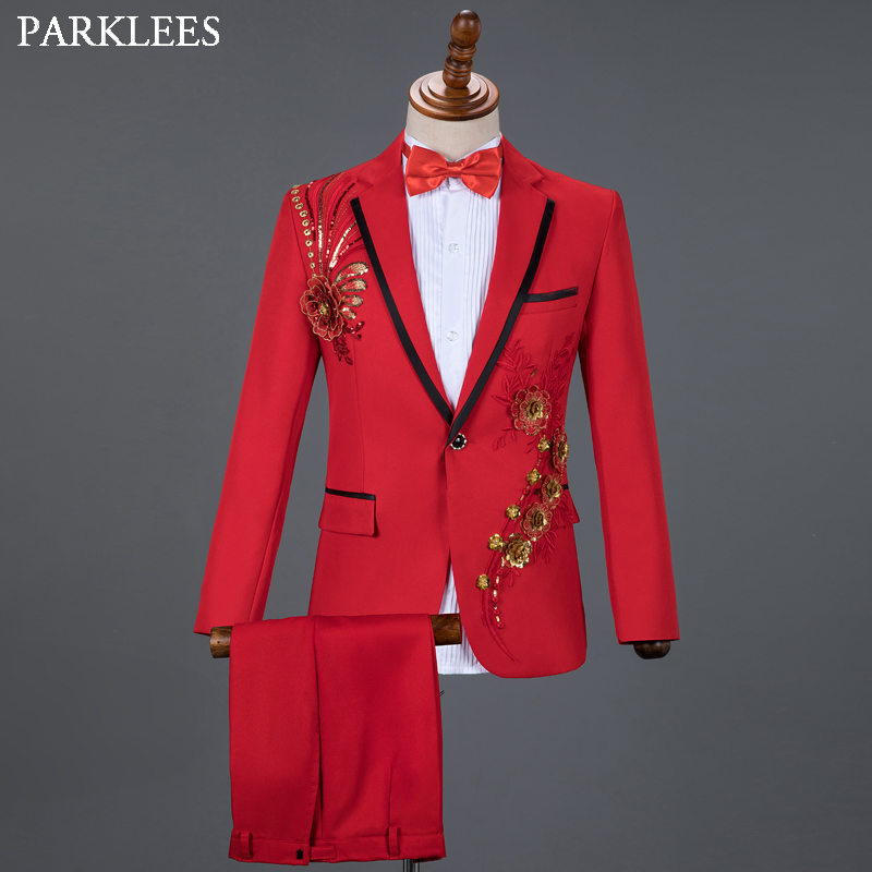 Traje Floral de diamante rojo para hombre, traje de boda, 3 piezas, Blazer + pantalón + pajarita, esmoquin de moda, conjunto de traje de escenario