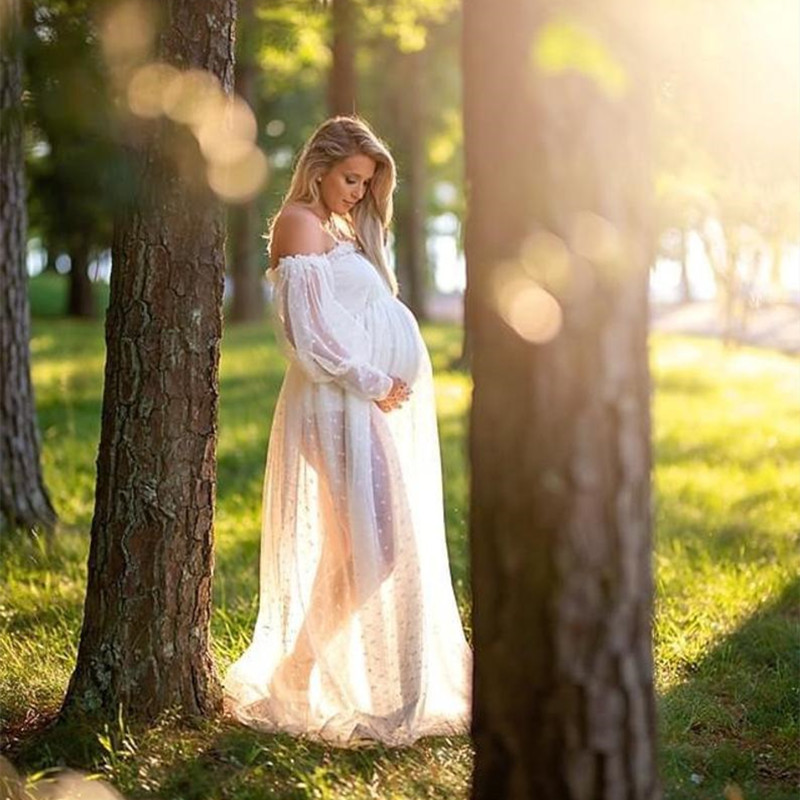 Vestido de tul con puntos blancos para fotografía de maternidad, accesorios transparentes para sesión de fotos de maternidad, vestido largo de tul con manga acampanada
